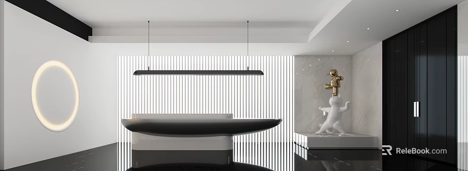 Modern Reception Area With Black Desk Long Pendant Light Striped Backdrop And Marble Wall Sculpture 3d model 