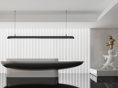 Modern Reception Area With Black Desk Long Pendant Light Striped Backdrop And Marble Wall Sculpture 3d model