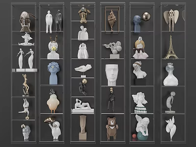 Various Artistic Sculpture Carvings Displayed on Multi Layer Shelves 3d model