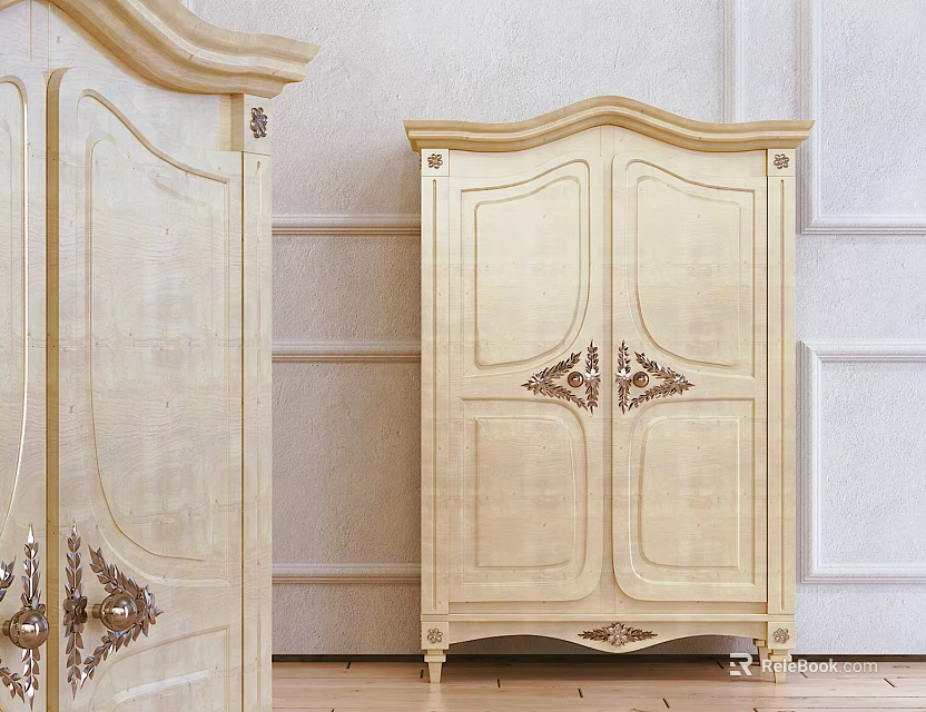 European Style Ivory White Cabinet With Carved Details And Metal Accents In Classic Interior 3d model 