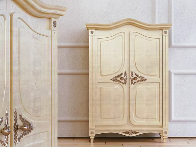 European Style Ivory White Cabinet With Carved Details And Metal Accents In Classic Interior 3d model