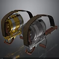 Mechanical Weapons With Golden And Silver Bodies Brown Straps And Red Metallic Bases Design
