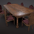 Oval Wooden Dining Table Set with Six Chairs Featuring Plaid Fabric Backrests and Seats