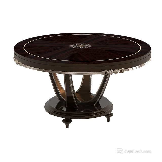 Elegant Round Dining Table with Dark Wooden Tabletop Decorative Center Black Metal Carved Legs 3d model 