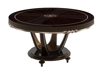 Elegant Round Dining Table with Dark Wooden Tabletop Decorative Center Black Metal Carved Legs 3d model