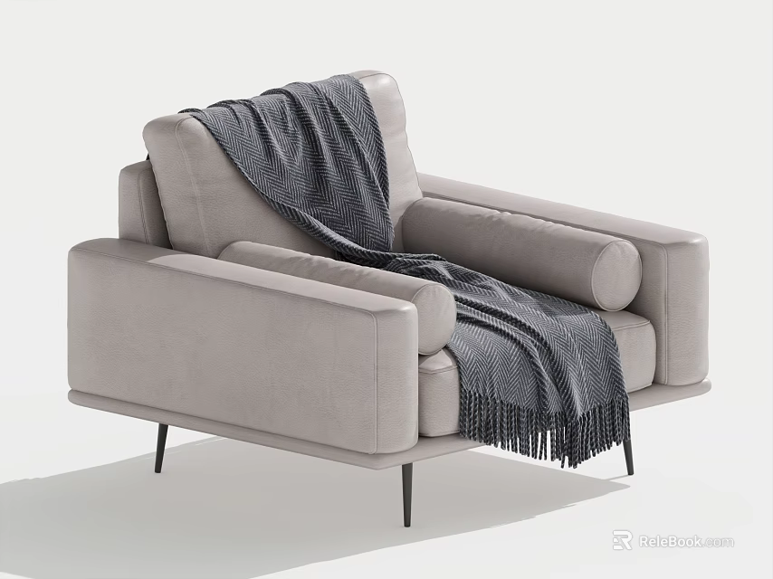 Modern Light Gray Single-seater Sofa with Black Slim Legs and Fringed Blanket 3d model 