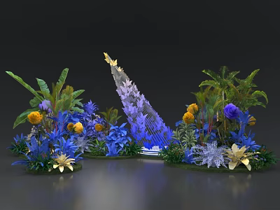 Colorful Floral Decorative Arrangement With Blue Yellow Purple Flowers And Green Plants 3d model