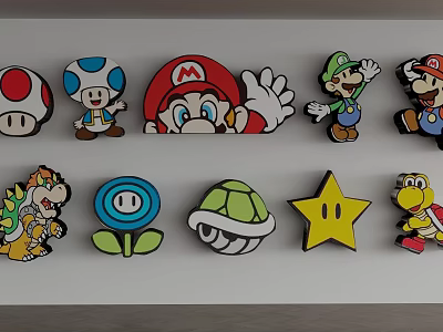 Mario Themed Cartoon Decorative Ornaments Featuring Mushroom Star Turtle Shell Flower Dinosaur 3d model