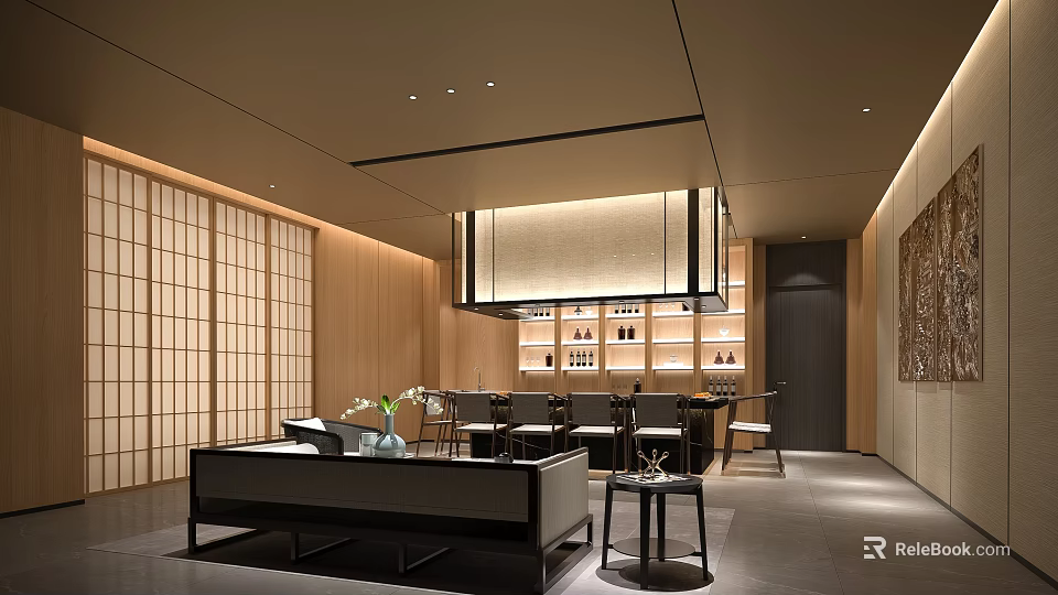 Modern Private Room Interior Featuring Wooden Screens Sofa And Shelves 3d model 