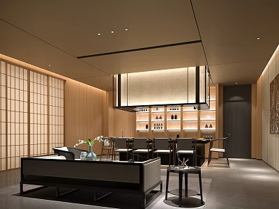 Modern Private Room Interior Featuring Wooden Screens Sofa And Shelves 3d model