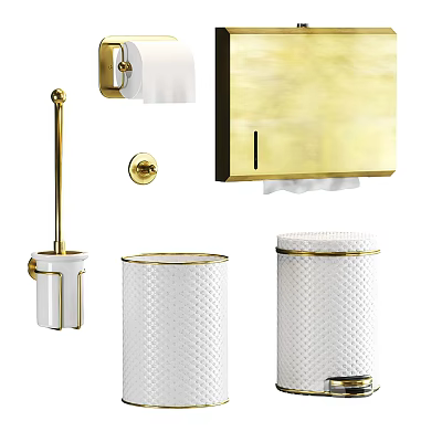 Modern Bathroom Accessories With Gold Accent White Tissue Box Trash Can Toilet Brush Holder 3d model