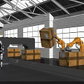 Industrial Warehouse Automated Handling With Robot And Robotic Arm Moving Boxes