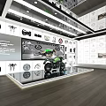 Modern Motorcycle Showroom Featuring Central Display Bike And Wall Parts Graphics