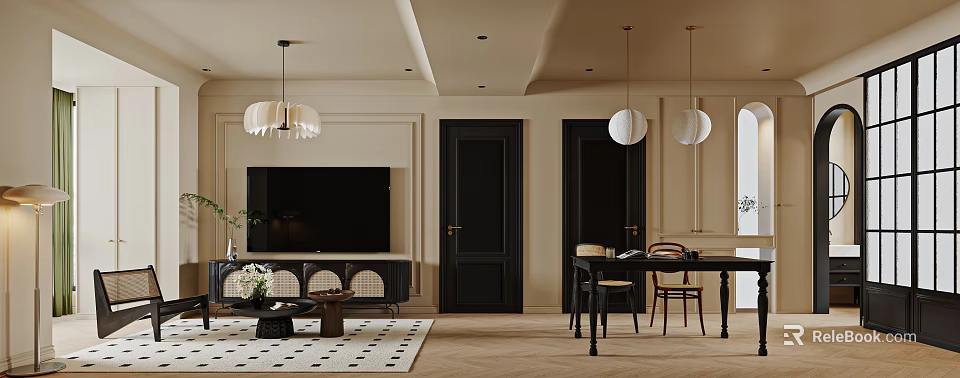 Modern Living Dining Room Interior With Round Pendant Lights Dining Table And TV Unit 3d model 