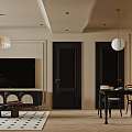 Modern Living Dining Room Interior With Round Pendant Lights Dining Table And TV Unit