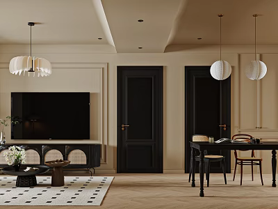 Modern Living Dining Room Interior With Round Pendant Lights Dining Table And TV Unit 3d model