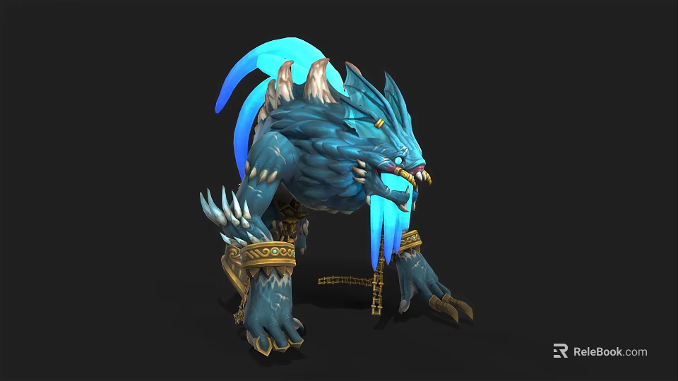 Blue Mythical Fantasy Beast With Luminous Blue Mane Golden Arm Bands Chain Details And Sharp Claws 3d model 