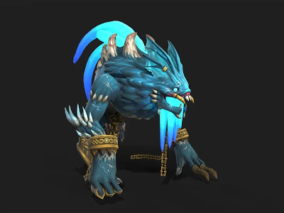 Blue Mythical Fantasy Beast With Luminous Blue Mane Golden Arm Bands Chain Details And Sharp Claws 3d model