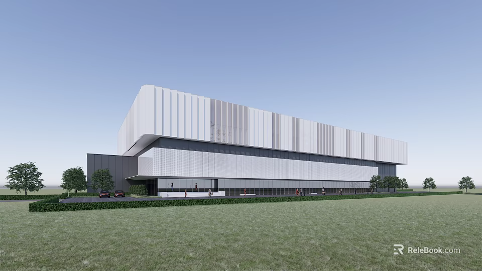 Modern Office Building With White Gray Facade Glass Metal Structure Green Lawn And Trees 3d model 