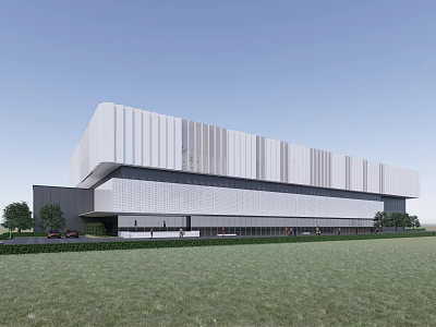 Modern Office Building With White Gray Facade Glass Metal Structure Green Lawn And Trees 3d model