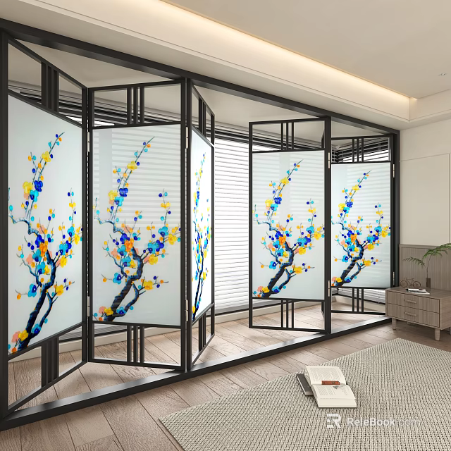 Modern Room Divider Screen With Colorful Floral Patterns For Interior Decoration 3d model