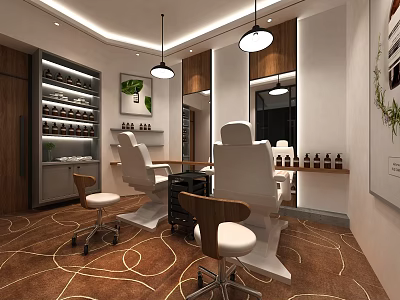 Beauty Hair Salon Interior Design With Modern Styling Chairs Mirrors And Beauty Products 3d model