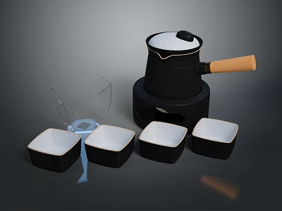 Modern Black Tea Set With Wooden Handle Teapot And Square Ceramic Cups 3d model
