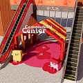 Community Center With Red Archway Flower Decorations Yellow Pink Cartoon Characters Red Carpet And Staircases