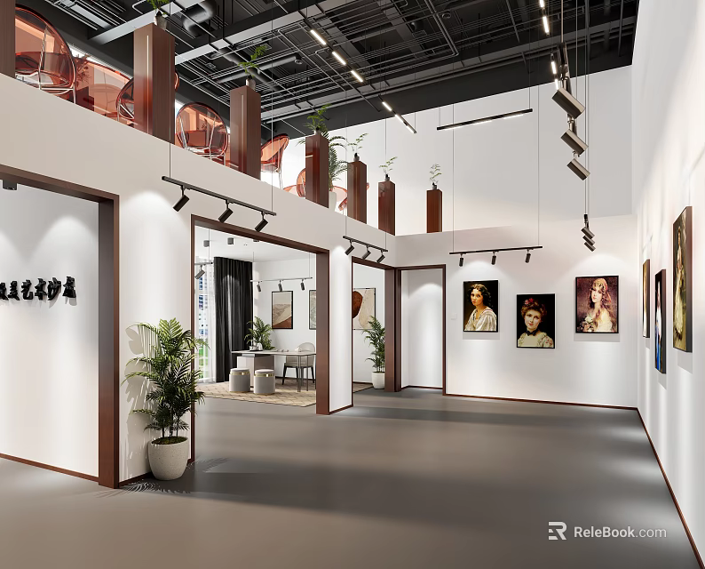 Art Gallery Interior With White Walls Wooden Accents Hanging Artworks And Potted Plants 3d model 
