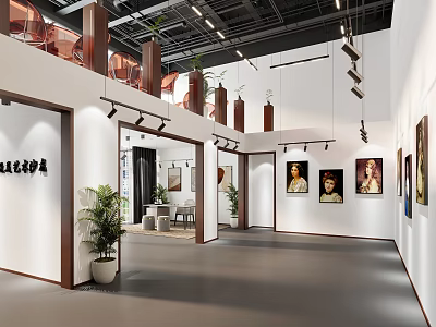Art Gallery Interior With White Walls Wooden Accents Hanging Artworks And Potted Plants 3d model