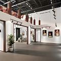 Art Gallery Interior With White Walls Wooden Accents Hanging Artworks And Potted Plants