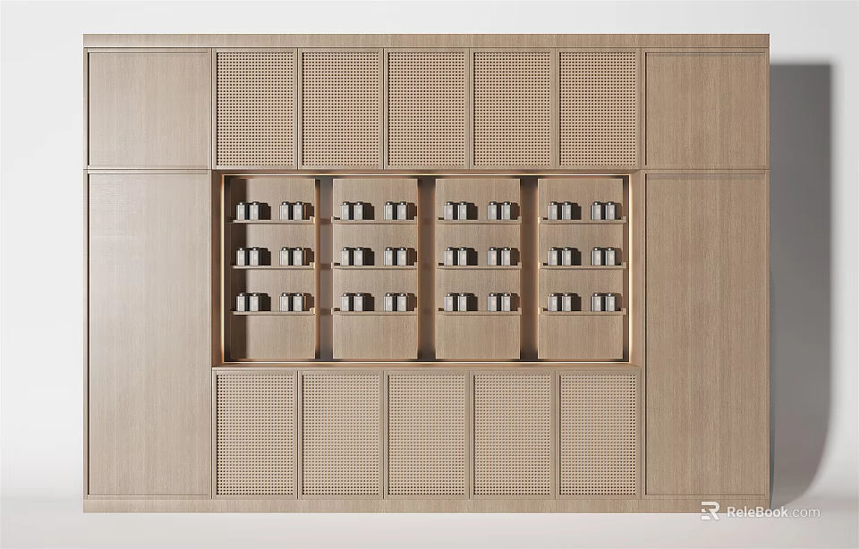 Minimalist Modern Wooden Decorative Cabinet With Open Grid Shelves For Display And Storage 3d model 