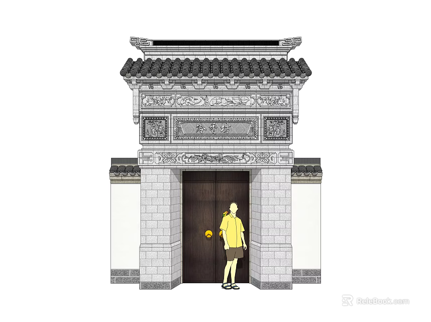 Traditional Chinese Entrance Gate With Classic Tile Roof Carved Decorations And Brick Walls 3d model 