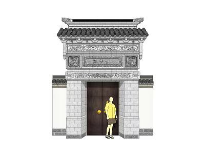 Traditional Chinese Entrance Gate With Classic Tile Roof Carved Decorations And Brick Walls 3d model