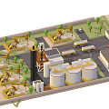 Cartoon Industrial Plant Scene with Silos Crane Trucks Buildings and Trees