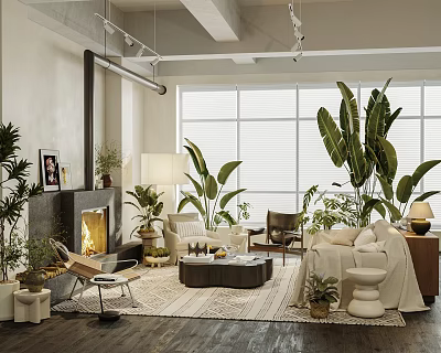 Elegant Modern Office Interior With Green Plants Sofa Fireplace And Floor To Ceiling Windows 3d model