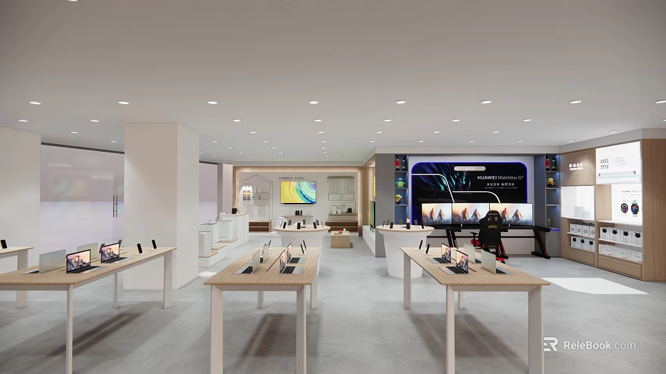 Shopping Mall Electronic Store Bright Modern Interior With Display Tables And Devices For Customer Experience 3d model 