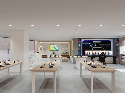 Shopping Mall Electronic Store Bright Modern Interior With Display Tables And Devices For Customer Experience 3d model