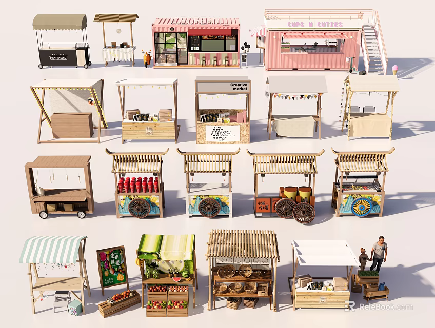 Diverse Commercial Equipment Including Mobile Kiosks And Various Style Vending Stalls 3d model 