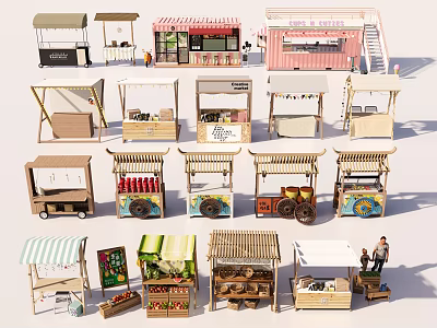 Diverse Commercial Equipment Including Mobile Kiosks And Various Style Vending Stalls 3d model