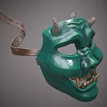 Green Traditional Mask With Horns Leather Straps And Decorative Facial Details