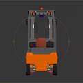 Orange and Gray Forklift with Red Forks Yellow Wheels Cab Top Guardrail and Warning Light