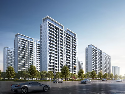 Modern High Rise Residential Buildings With Sleek Glass Facades Green Trees And Road 3d model