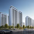 Modern High Rise Residential Buildings With Sleek Glass Facades Green Trees And Road