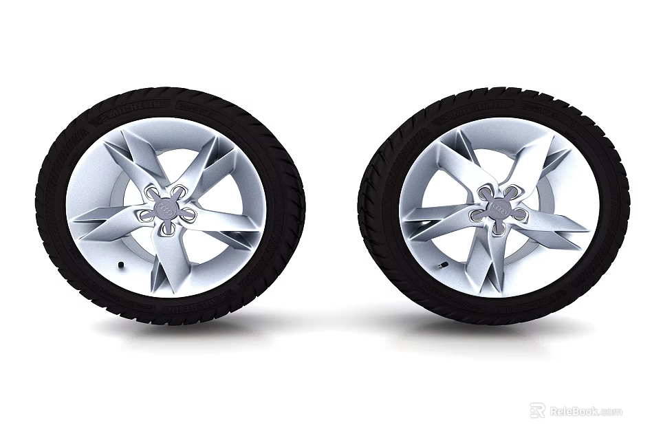 Stylish Car Tires With Silver Spoke Wheel Rims And Black Tread Design 3d model 