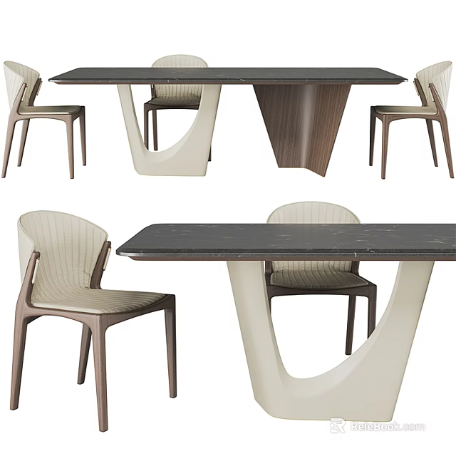 Modern Dining Table Set With Unique Leg Design And Sleek Woven Chairs 3d model