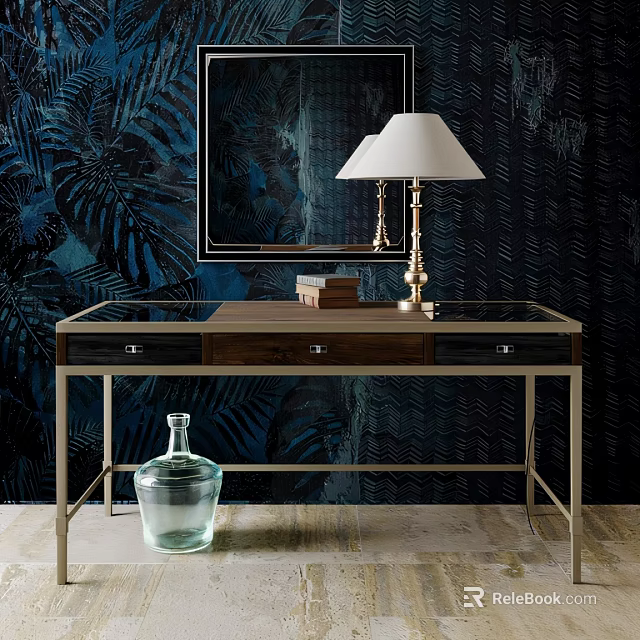Modern Wooden Desk With Metal Frame Table Lamp Books And Dark Tropical Plant Wallpaper 3d model 