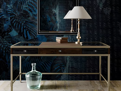 Modern Wooden Desk With Metal Frame Table Lamp Books And Dark Tropical Plant Wallpaper 3d model