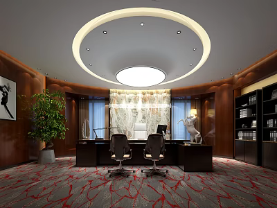 Modern Office Interior With Circular Ceiling Light Wooden Walls Desk Chairs Green Plant And Bookshelves 3d model