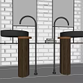 Modern Double Sink Vanity With Glass Brick Wall Black Faucets Wooden Bases And Mirrors